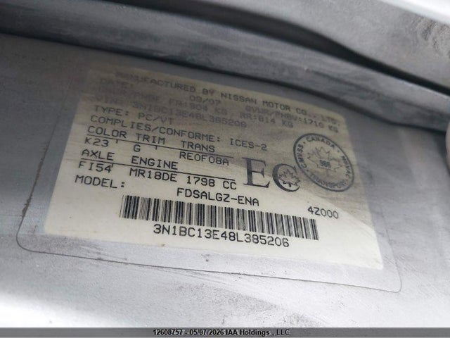 Продаж на аукціоні авто 2008 Nissan Versa 1.8sl, vin: 3N1BC13E48L385206, номер лоту: 12608757