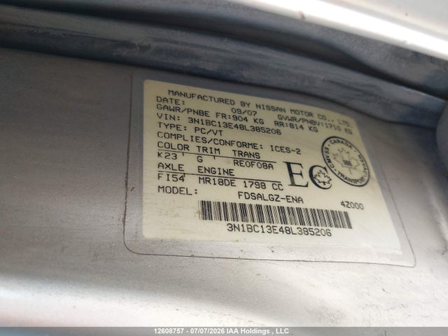 Продаж на аукціоні авто 2008 Nissan Versa 1.8sl, vin: 3N1BC13E48L385206, номер лоту: 12608757