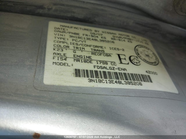 Продаж на аукціоні авто 2008 Nissan Versa 1.8sl, vin: 3N1BC13E48L385206, номер лоту: 12608757