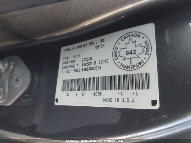 Продаж на аукціоні авто 2009 Honda Accord Ex-l, vin: 1HGCS11889A800359, номер лоту: 12608759