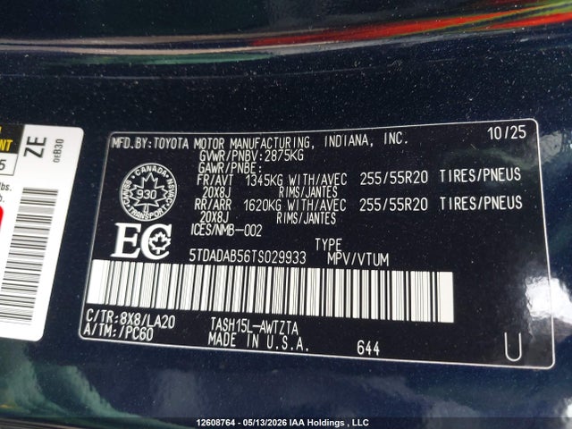 2026 Toyota Grand Highlander Hybrid Platinum Hybrid Max მანქანა იყიდება აუქციონზე, vin: 5TDADAB56TS029933, აუქციონის ნომერი: 12608764