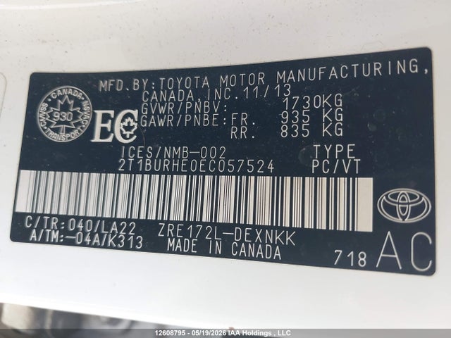12608795 :رقم المزاد ، 2T1BURHE0EC057524 vin ، 2014 Toyota Corolla L/le/le Pls/prm/s/s Pls مزاد بيع
