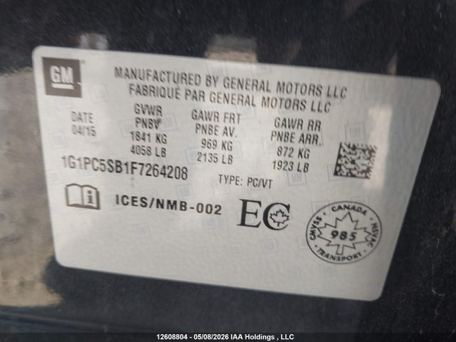 2015 Chevrolet Cruze Lt მანქანა იყიდება აუქციონზე, vin: 1G1PC5SB1F7264208, აუქციონის ნომერი: 12608804