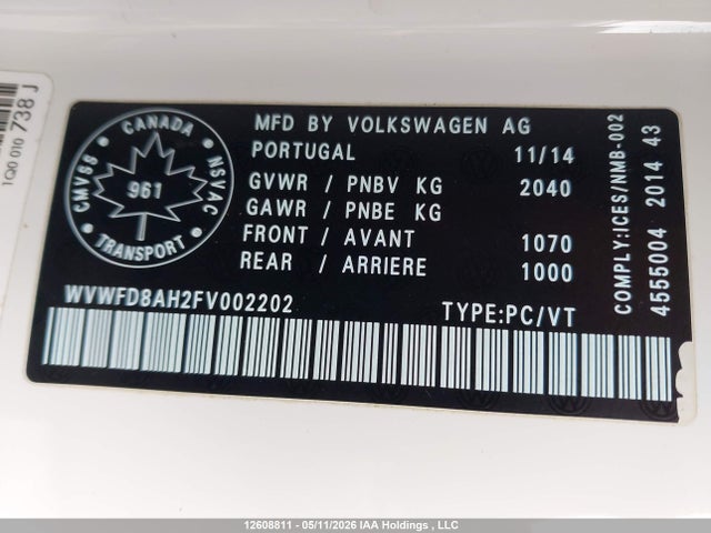 2015 Volkswagen Eos მანქანა იყიდება აუქციონზე, vin: WVWFD8AH2FV002202, აუქციონის ნომერი: 12608811