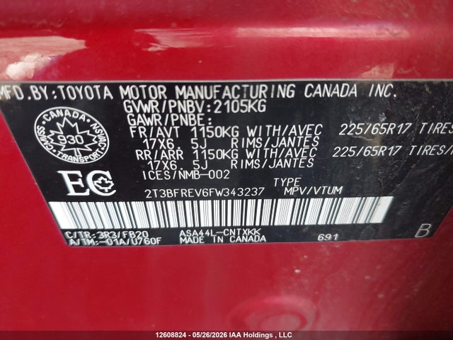 12608824 :رقم المزاد ، 2T3BFREV6FW343237 vin ، 2015 Toyota Rav4 Le مزاد بيع