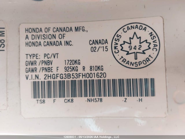 Продаж на аукціоні авто 2015 Honda Civic Ex, vin: 2HGFG3B53FH001620, номер лоту: 12608831