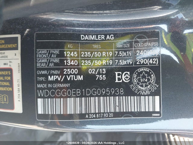 2013 Mercedes-benz Glk 250 Bluetec მანქანა იყიდება აუქციონზე, vin: WDCGG0EB1DG095938, აუქციონის ნომერი: 12608839