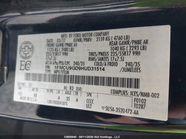 2017 Ford Escape Se მანქანა იყიდება აუქციონზე, vin: 1FMCU9GD9HUD31514, აუქციონის ნომერი: 12608840