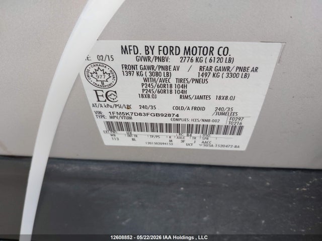 Продаж на аукціоні авто 2015 Ford Explorer Xlt, vin: 1FM5K7D83FGB92874, номер лоту: 12608852