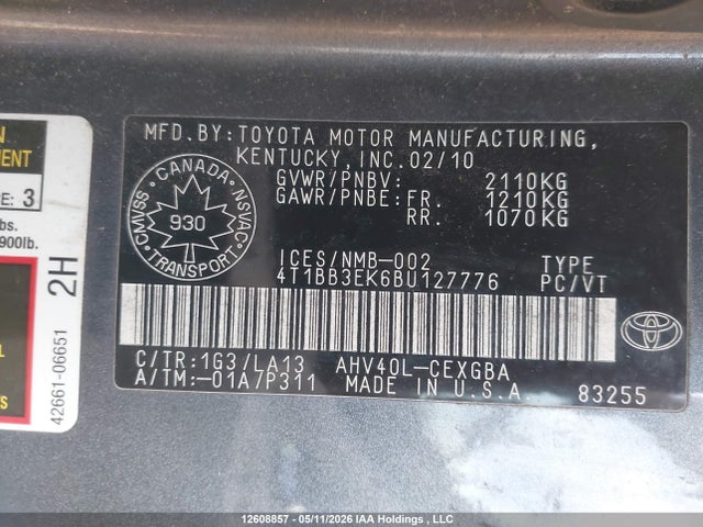 2011 Toyota Camry Hybrid მანქანა იყიდება აუქციონზე, vin: 4T1BB3EK6BU127776, აუქციონის ნომერი: 12608857