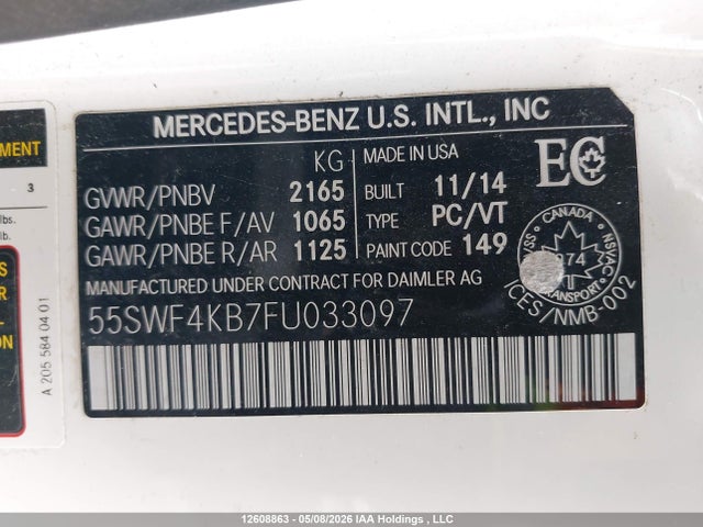 12608863 :رقم المزاد ، 55SWF4KB7FU033097 vin ، 2015 Mercedes-benz C 300 4matic مزاد بيع
