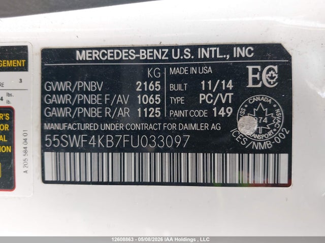 12608863 :رقم المزاد ، 55SWF4KB7FU033097 vin ، 2015 Mercedes-benz C 300 4matic مزاد بيع