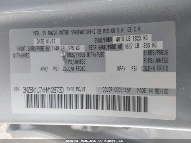 Aukcja sprzedaży 2017 Mazda Mazda3, vin: 3MZBN1U7XHM128730, numer aukcji: 12608865