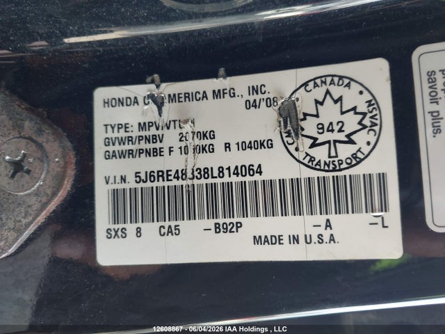 Aukcja sprzedaży 2008 Honda Cr-v Lx, vin: 5J6RE48338L814064, numer aukcji: 12608867