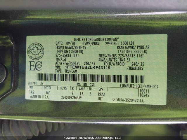 Продажа на аукционе авто 2020 Ford F-150, vin: 1FTEW1EB2LKF43119, номер лота: 12608871
