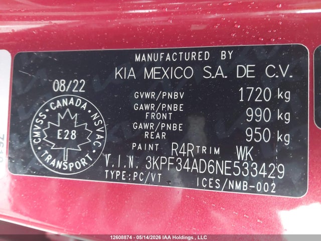 Продажа на аукционе авто 2022 Kia Forte Ex/ex Premium/ex+/gt-line, vin: 3KPF34AD6NE533429, номер лота: 12608874