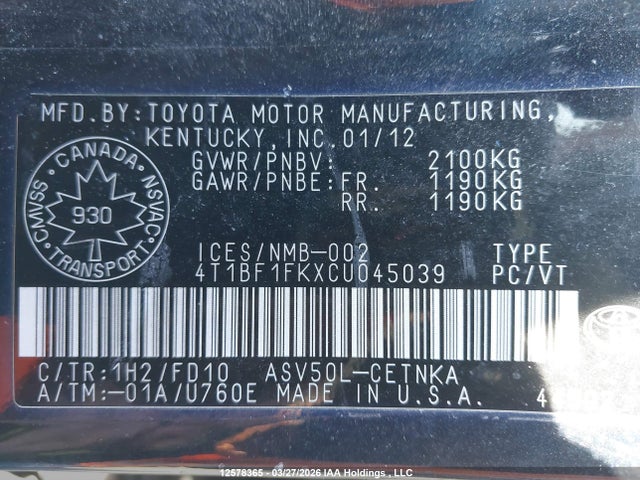 2012 Toyota Camry Se/le/xle მანქანა იყიდება აუქციონზე, vin: 4T1BF1FKXCU045039, აუქციონის ნომერი: 12578365