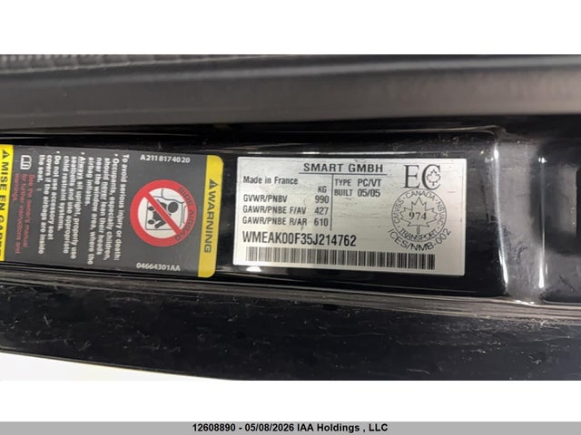 Aukcja sprzedaży 2005 Smart Fortwo, vin: WMEAK00F35J214762, numer aukcji: 12608890