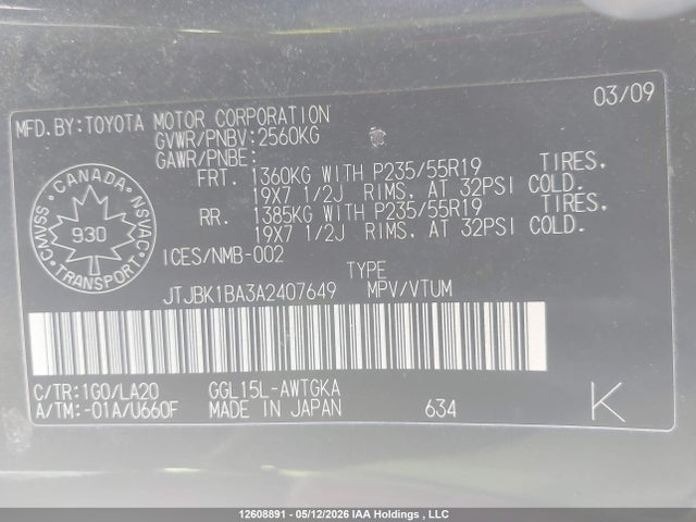 12608891 :رقم المزاد ، JTJBK1BA3A2407649 vin ، 2010 Lexus Rx 350 مزاد بيع