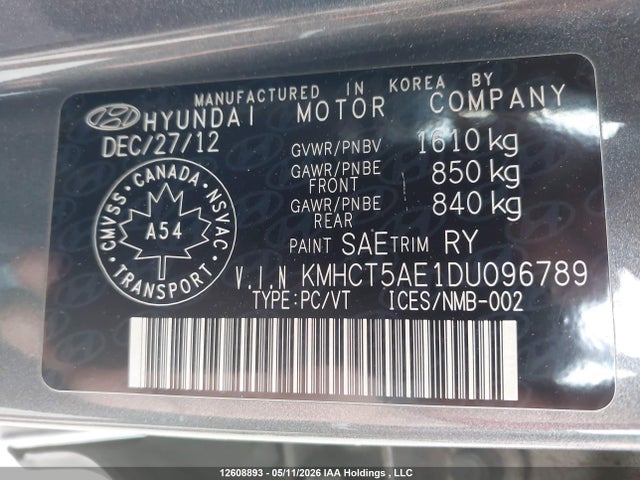 2013 Hyundai Accent მანქანა იყიდება აუქციონზე, vin: KMHCT5AE1DU096789, აუქციონის ნომერი: 12608893