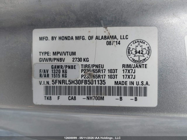Продаж на аукціоні авто 2015 Honda Odyssey Se, vin: 5FNRL5H30FB501135, номер лоту: 12608899