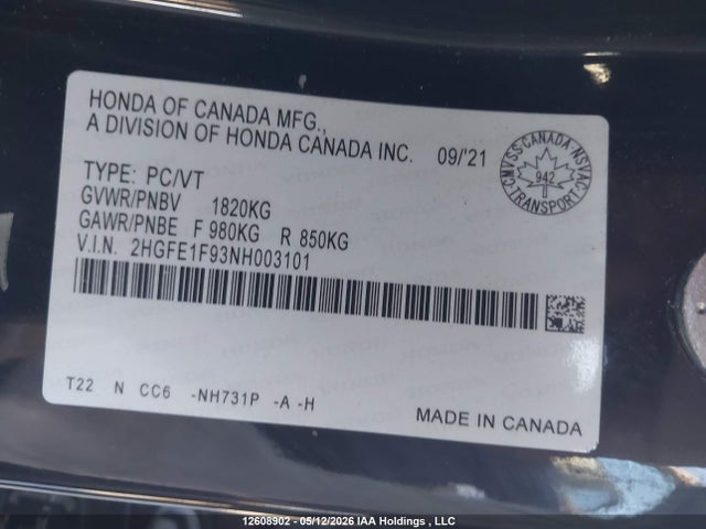 Honda Civic Touring 2022 2HGFE1F93NH003101 Image 20