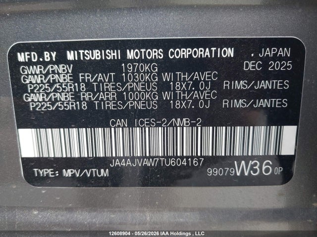 Aukcja sprzedaży 2026 Mitsubishi Rvr, vin: JA4AJVAW7TU604167, numer aukcji: 12608904