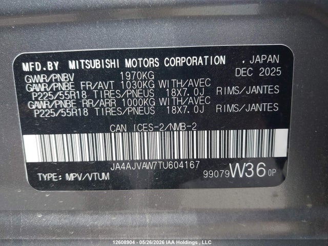 Aukcja sprzedaży 2026 Mitsubishi Rvr, vin: JA4AJVAW7TU604167, numer aukcji: 12608904