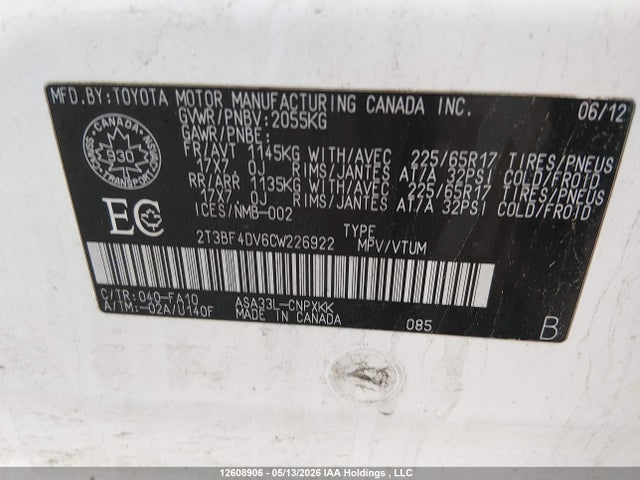 Aukcja sprzedaży 2012 Toyota Rav4, vin: 2T3BF4DV6CW226922, numer aukcji: 12608906