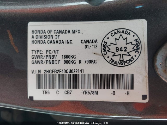 Продаж на аукціоні авто 2012 Honda Civic, vin: 2HGFB2F40CH022141, номер лоту: 12608912