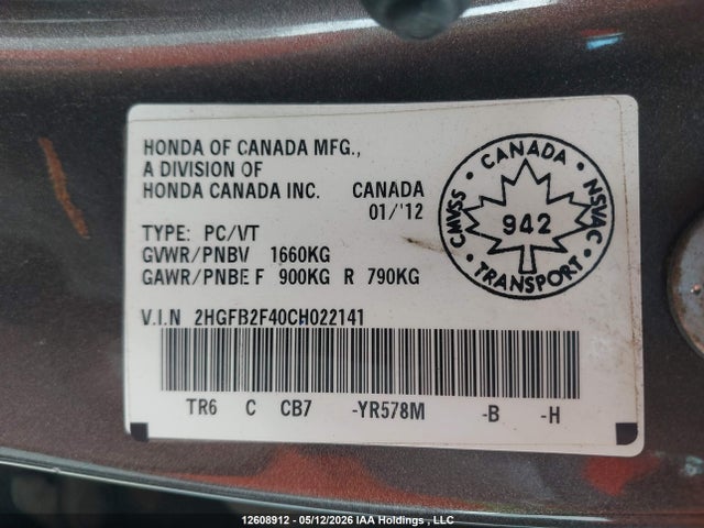 Продаж на аукціоні авто 2012 Honda Civic, vin: 2HGFB2F40CH022141, номер лоту: 12608912