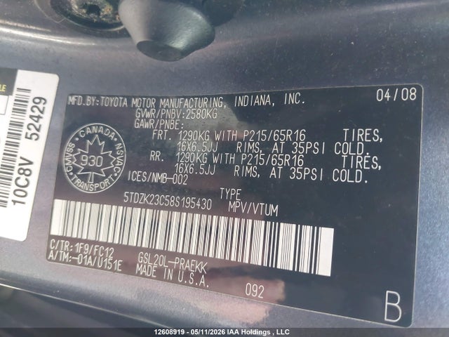 Aukcja sprzedaży 2008 Toyota Sienna Le V6, vin: 5TDZK23C58S195430, numer aukcji: 12608919