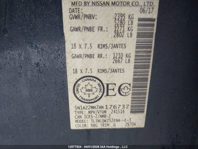 5N1AZ2MH7HN176737 Nissan Murano Platinum/sl/sv