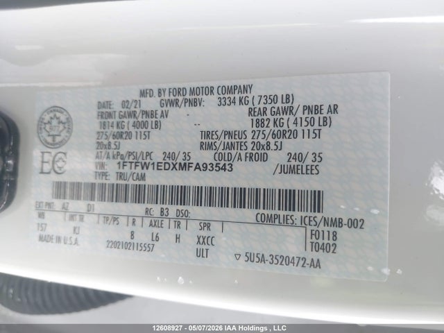 Ford F-150 King Ranch 2021 1FTFW1EDXMFA93543 Image 9