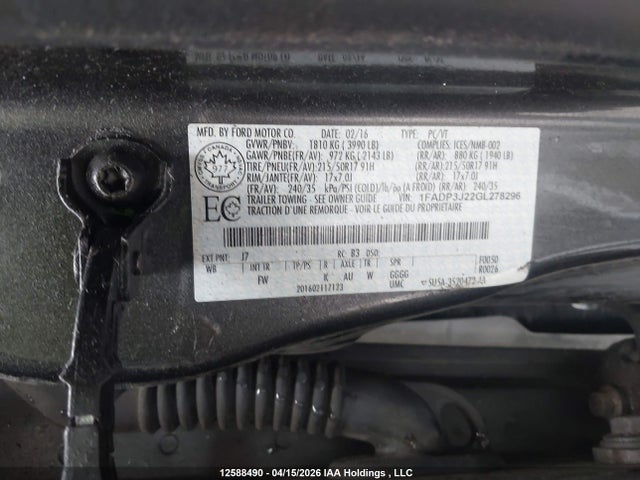 Продажа на аукционе авто 2016 Ford Focus Titanium, vin: 1FADP3J22GL278296, номер лота: 12588490