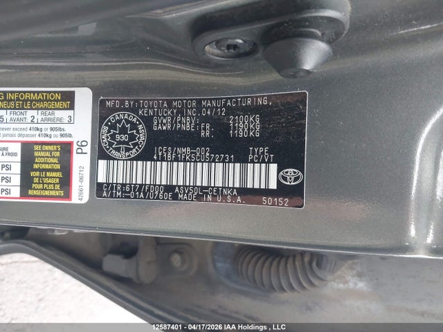 2012 Toyota Camry Le მანქანა იყიდება აუქციონზე, vin: 4T1BF1FK5CU572731, აუქციონის ნომერი: 12587401
