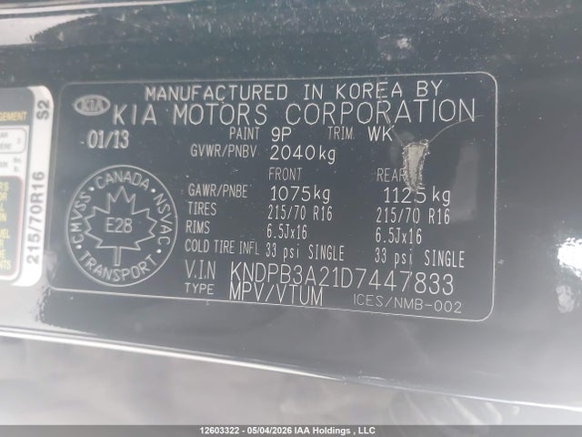 2013 Kia Sportage Lx მანქანა იყიდება აუქციონზე, vin: KNDPB3A21D7447833, აუქციონის ნომერი: 12603322