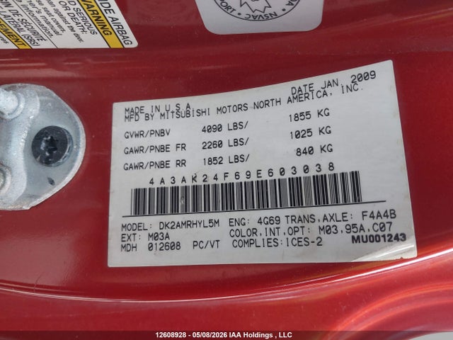 12608928 :رقم المزاد ، 4A3AK24F69E603038 vin ، 2009 Mitsubishi Eclipse مزاد بيع