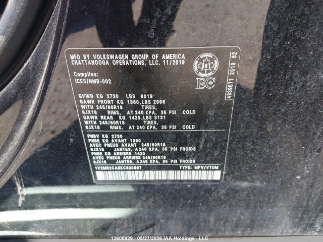 12608929 :رقم المزاد ، 1V2MR2CA5KC620897 vin ، 2019 Volkswagen Atlas 3.6 Fsi Highline مزاد بيع