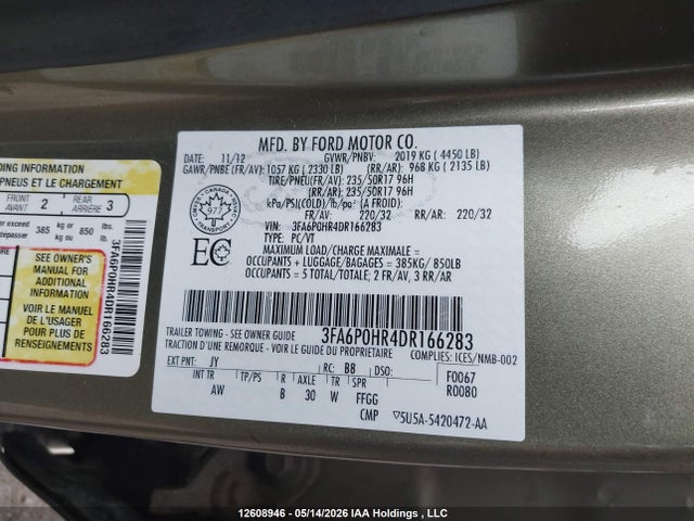 2013 Ford Fusion Se მანქანა იყიდება აუქციონზე, vin: 3FA6P0HR4DR166283, აუქციონის ნომერი: 12608946