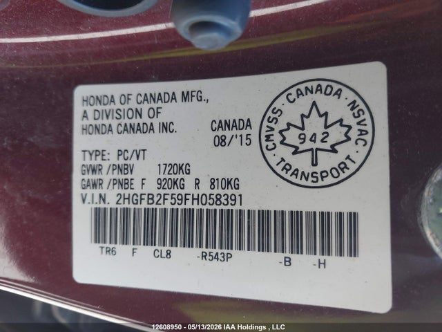 Продаж на аукціоні авто 2015 Honda Civic Ex, vin: 2HGFB2F59FH058391, номер лоту: 12608950