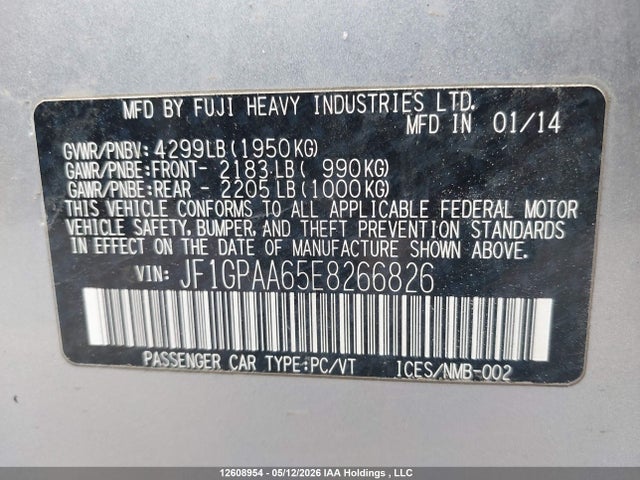 12608954 :رقم المزاد ، JF1GPAA65E8266826 vin ، 2014 Subaru Impreza مزاد بيع