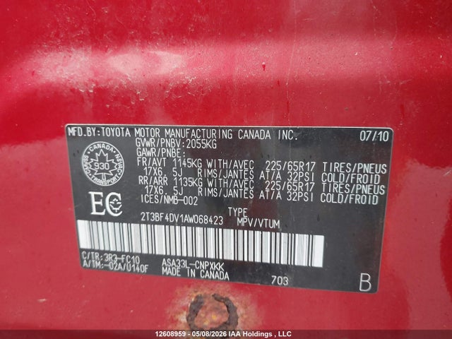 12608959 :رقم المزاد ، 2T3BF4DV1AW068423 vin ، 2010 Toyota Rav4 مزاد بيع