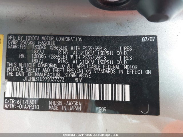 Aukcja sprzedaży 2007 Lexus Rx 400h, vin: JTJHW31U272037373, numer aukcji: 12608961
