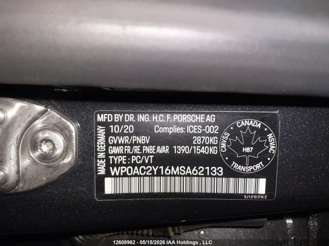 Aukcja sprzedaży 2021 Porsche Taycan, vin: WP0AC2Y16MSA62133, numer aukcji: 12608962
