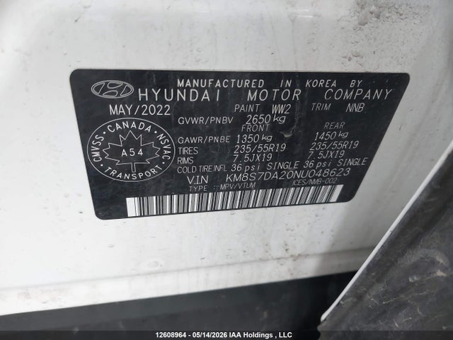 12608964 :رقم المزاد ، KM8S7DA20NU048623 vin ، 2022 Hyundai Santa Fe Limited مزاد بيع