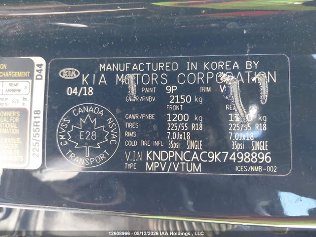2019 Kia Sportage მანქანა იყიდება აუქციონზე, vin: KNDPNCAC9K7498896, აუქციონის ნომერი: 12608966