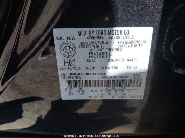 12608972 :رقم المزاد ، 1FMUK8JH8TGA03931 vin ، 2026 Ford Explorer مزاد بيع