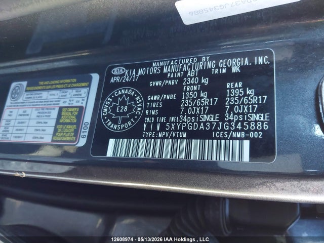 12608974 :رقم المزاد ، 5XYPGDA37JG345886 vin ، 2018 Kia Sorento 2.4l Lx مزاد بيع
