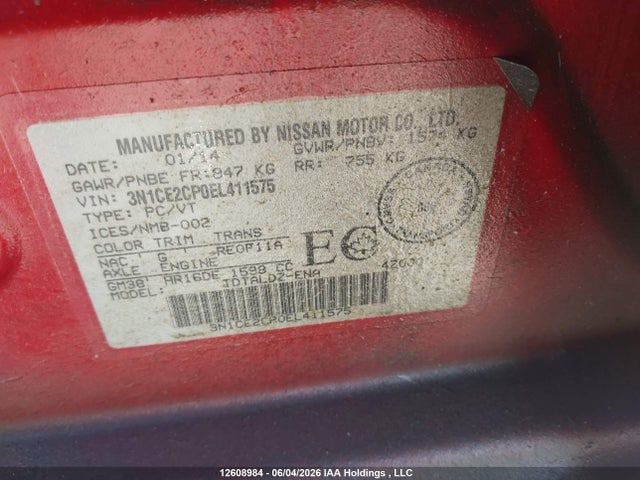 Nissan Versa Note S/s Plus/sv/sl 2014 3N1CE2CP0EL411575 Image 9